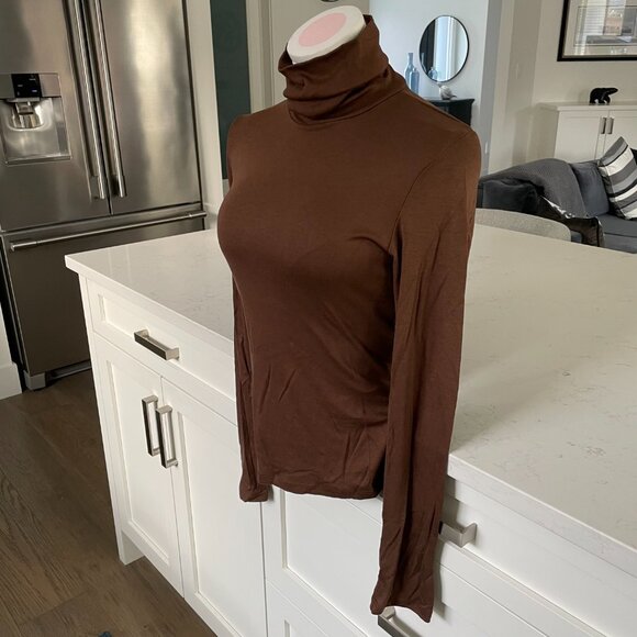 Anthropologie LS Mock Nk Viscose Blend Fine Ribbed Top Chocolate Brown Sz S NWOT - Picture 3 of 11